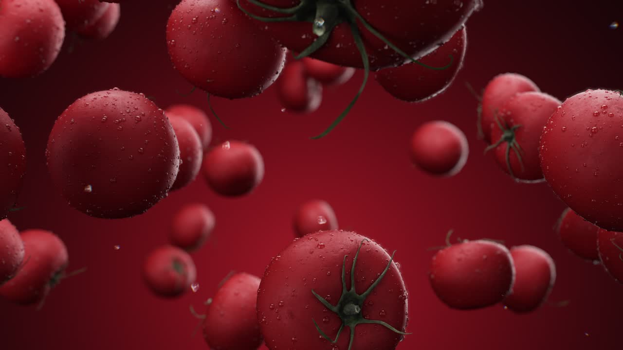 Falling tomatoes with water drops on a red background
