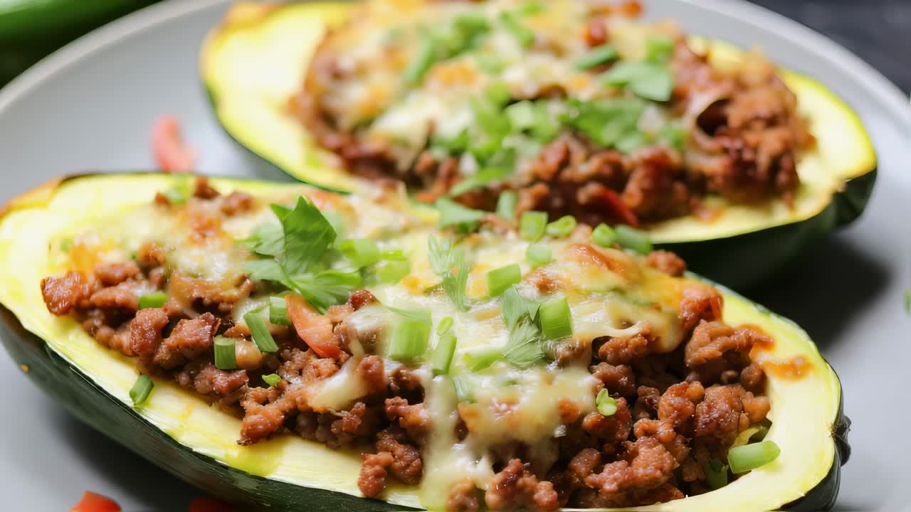 Two halves of zucchini filled with minced meat, vegetables and melted cheese, garnished with freshly chopped herbs, served on a plate, offering a healthy and flavorful meal