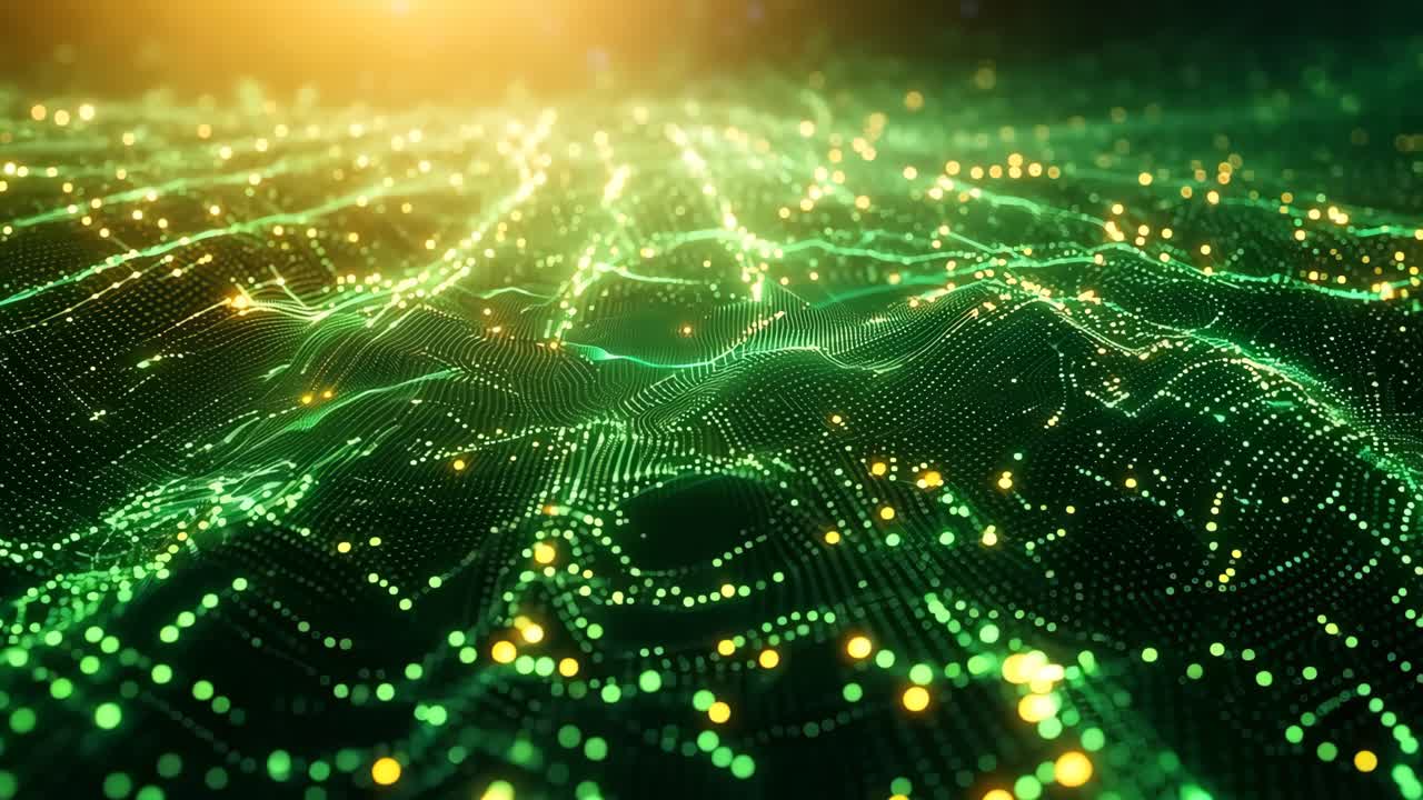 A green field with a lot of sparkles. The sparkles are scattered all over the field, creating a sense of movement and energy. The green color of the field and the sparkles give the image a lively