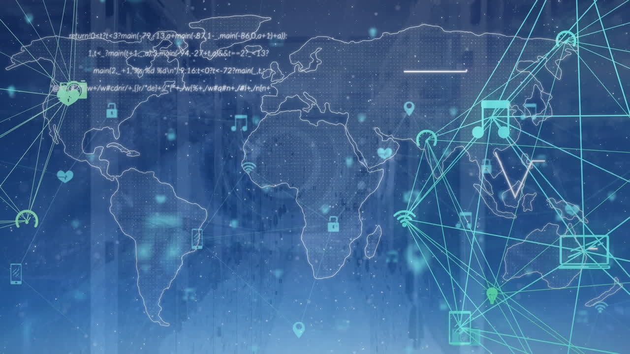 미디어 아이콘 네트워크의 애니메이션과 파란색 배경의 세계 지도에 대한 데이터 처리
