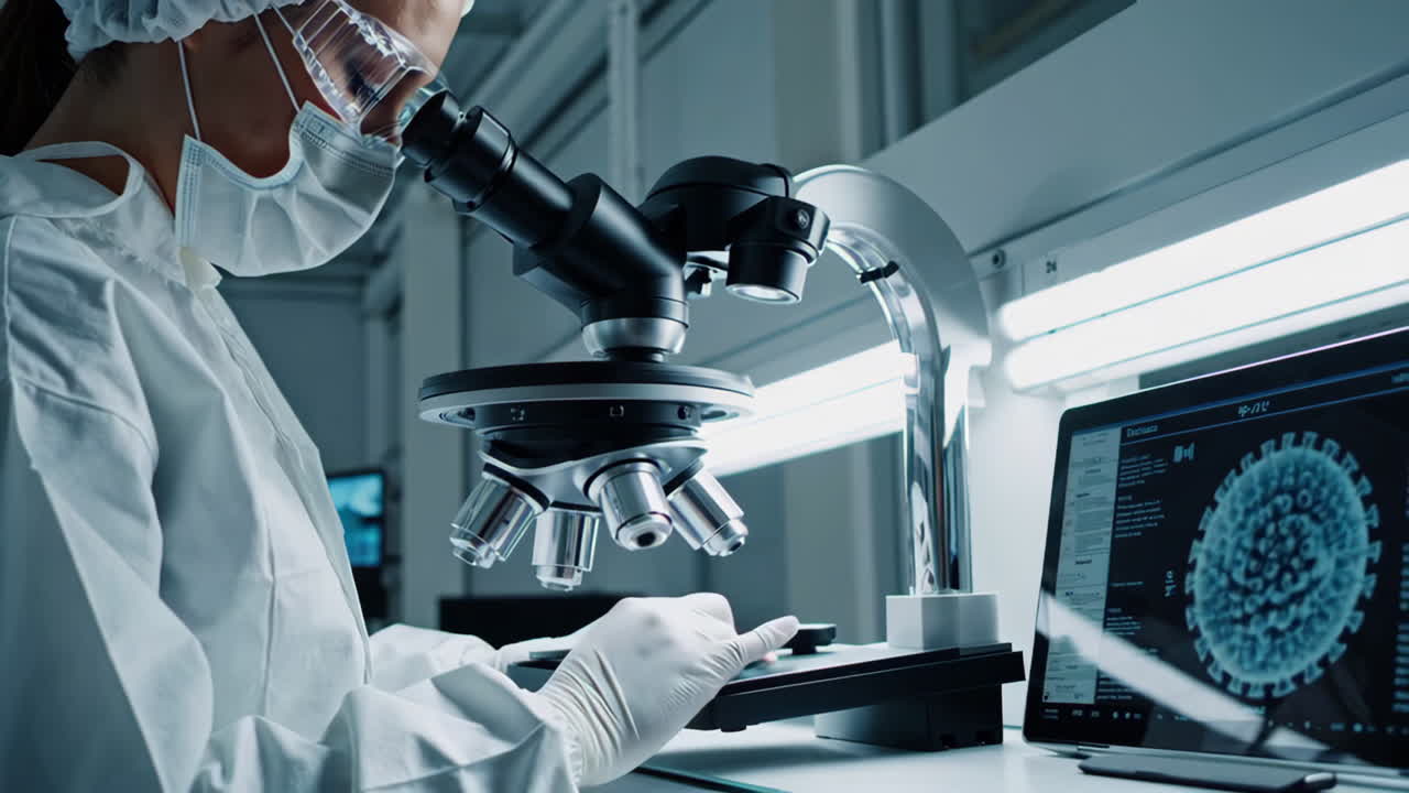 研究室で微鏡を使っている科学者