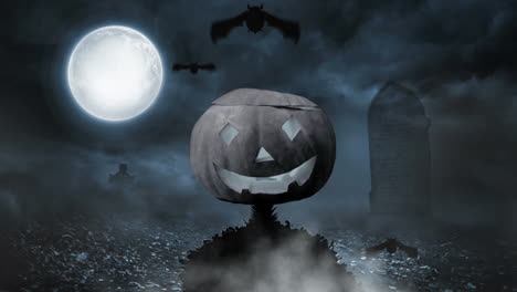 jack-o'-lantern animation over spooky graveyard with full moon and fog