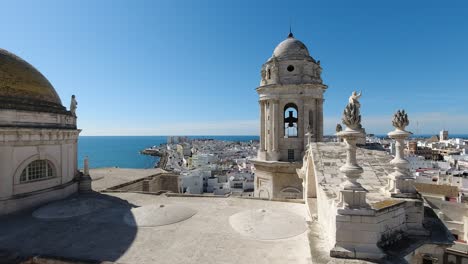 view over cadiz in andalusia, spain on clear blue sky day with cathedral