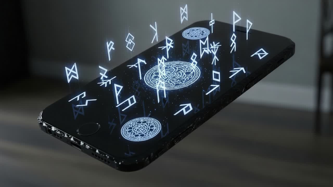 A futuristic smartphone displays glowing runes and symbols, hovering above a surface, illuminating the space with mystical energy and intricate designs