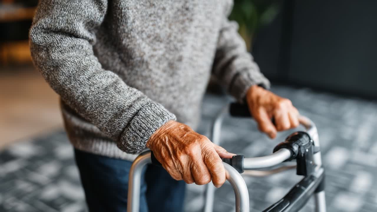En eldre person som bruker en rullator for å få hjelp til å bevege seg, demonstrerer viktigheten av støtte og uavhengighet i daglige aktiviteter i en koselig innendørs setting