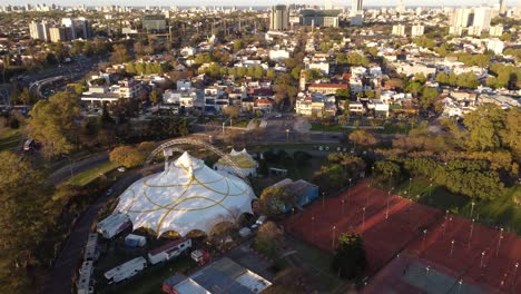 Birds-eye-view-over-circus-being-set-up-in-Sarmiento-park,-Buenos-Aires