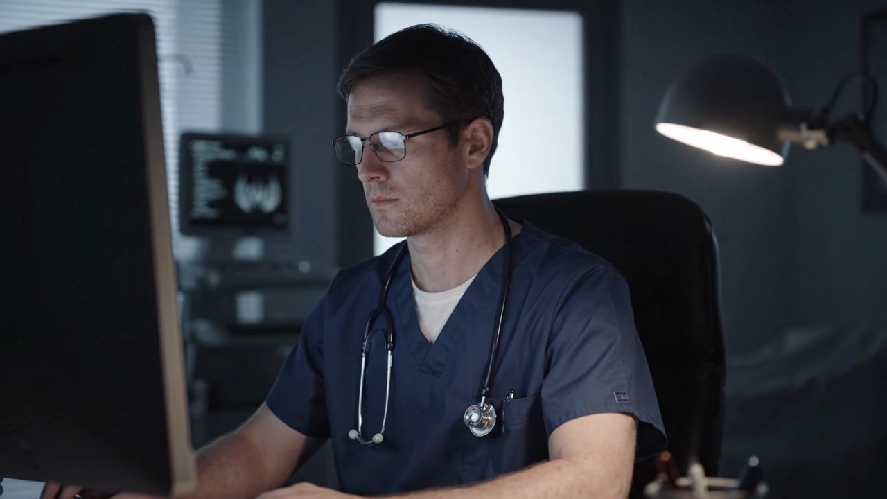 Professionista medico concentrato che analizza dati al computer in una sala consultazione poco illuminata, indossando camice e stetoscopio per il monitoraggio e l'analisi critici dei pazienti.