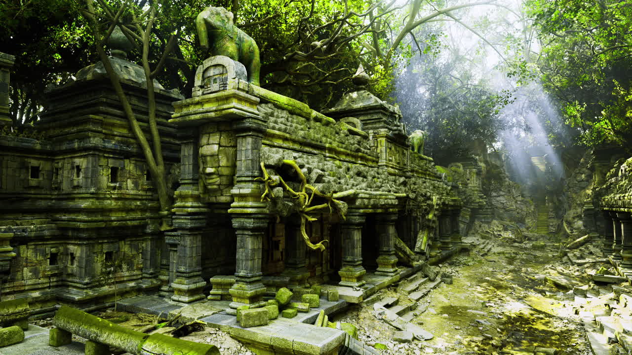 Ancient temple ruins enveloped by tropical foliage in a serene forest
