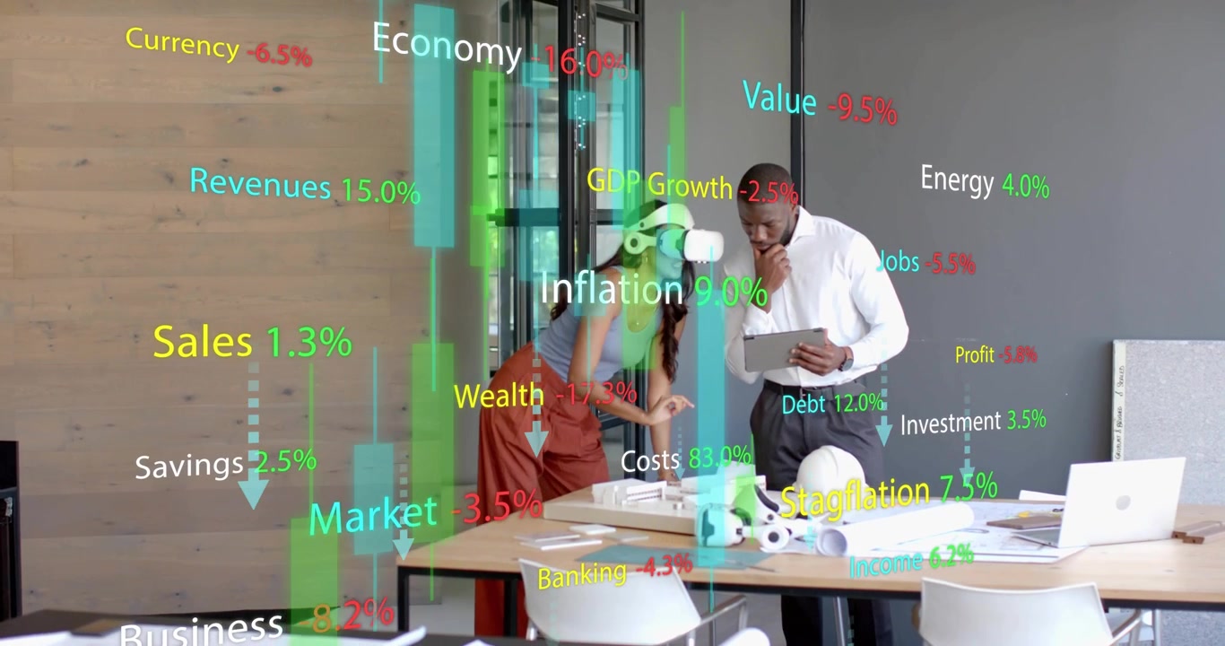 Kolleger tar i bruk VR på kontoret ved å ta på seg VR-briller og trykke på nettbrett for å utforske finansdiagrammer.