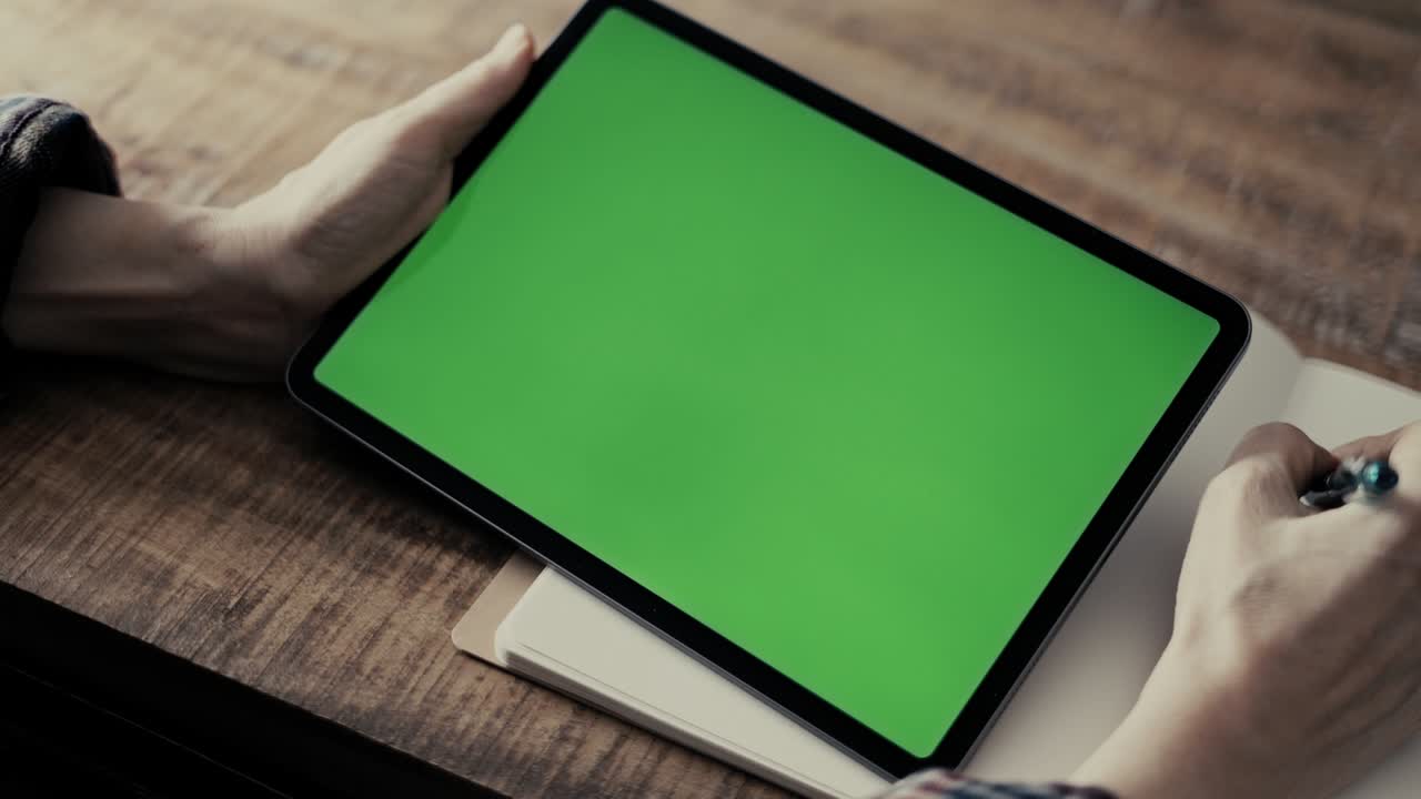 tomar notas mientras se mira la pantalla de la tableta digital