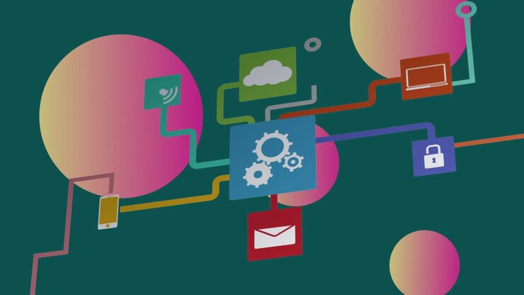 Animation of network connections with cogs and digital computer icons, data processing