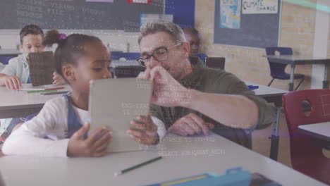 animation of data processing over diverse schoolchildren using tablets with teacher