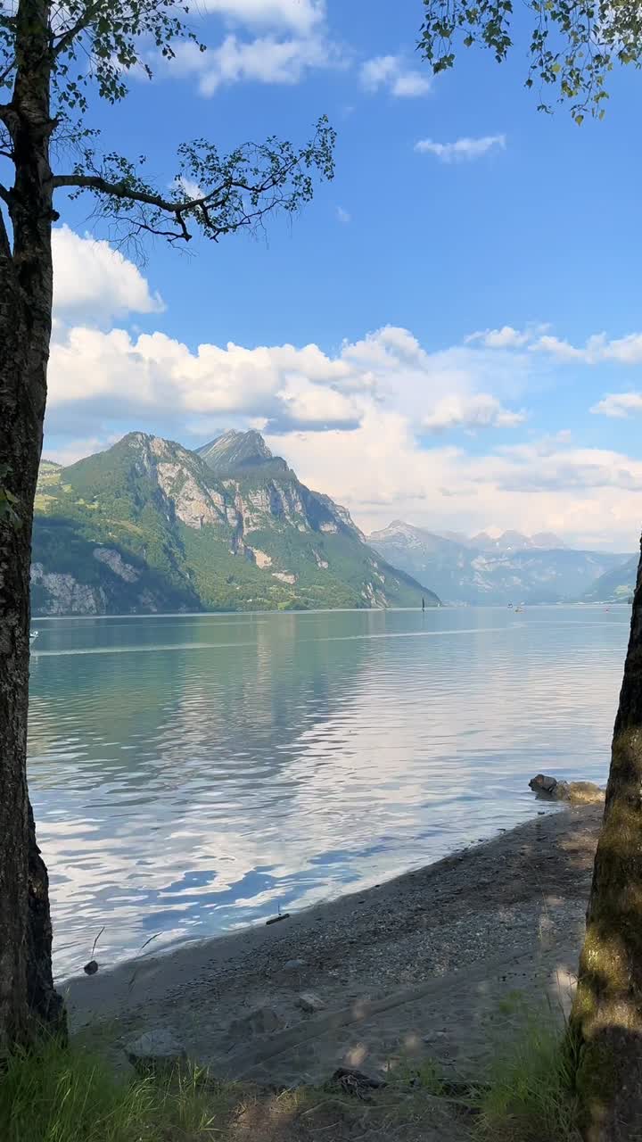 Gåtur mod Walensee, Schweiz. Naturudsigt, rejse-POV, vertikal video
