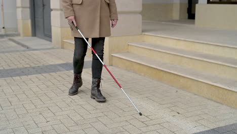 mid view of a blind woman in brown coat walking with a walking stick in the street