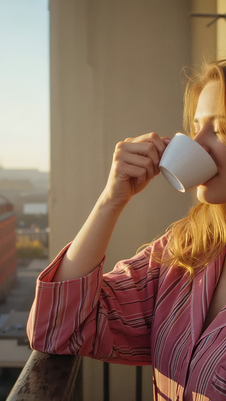 Vertical video: Sun warming woman in robe lifting cup at railing sipping gazing at city, copy space