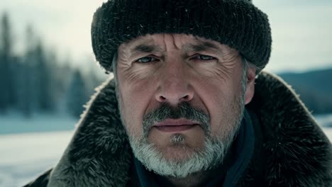 close up portrait of a man with a beard and hat in the winter