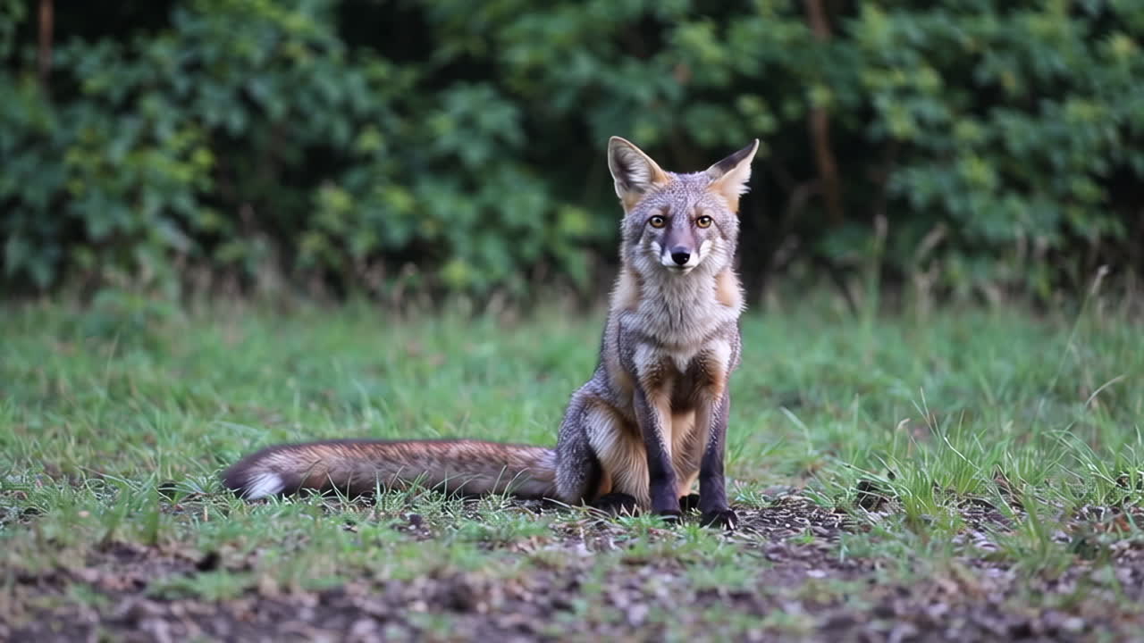 A fox sitting in a grassy forest clearing