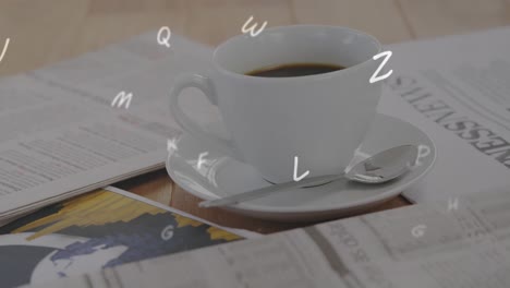 digitale zusammensetzung aus mehreren alphabeten, die gegen eine tasse kaffee und dokumente auf hölzernen platten schweben