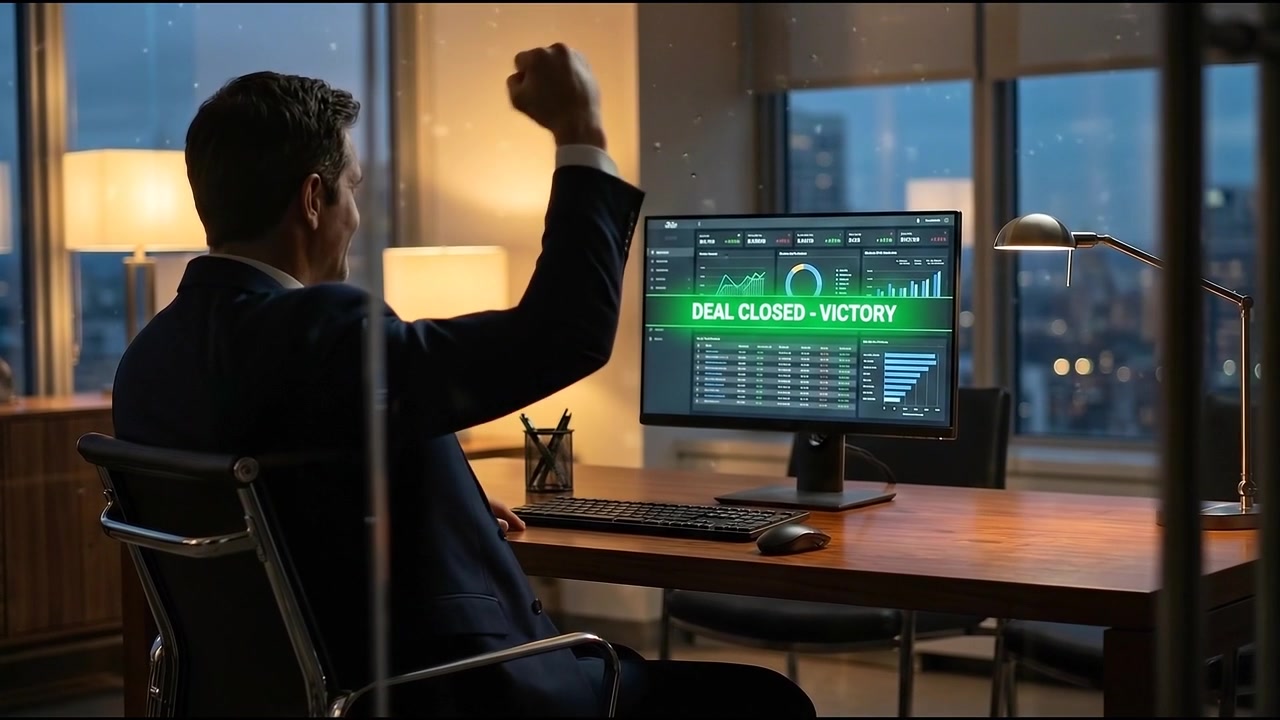 Uomo d'affari che celebra il successo dopo aver concluso un affare in ufficio.
