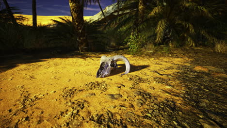 desert landscape with an exposed ram skull under twilight skies