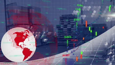 animation of globe and digital interface with data processing over warehouse