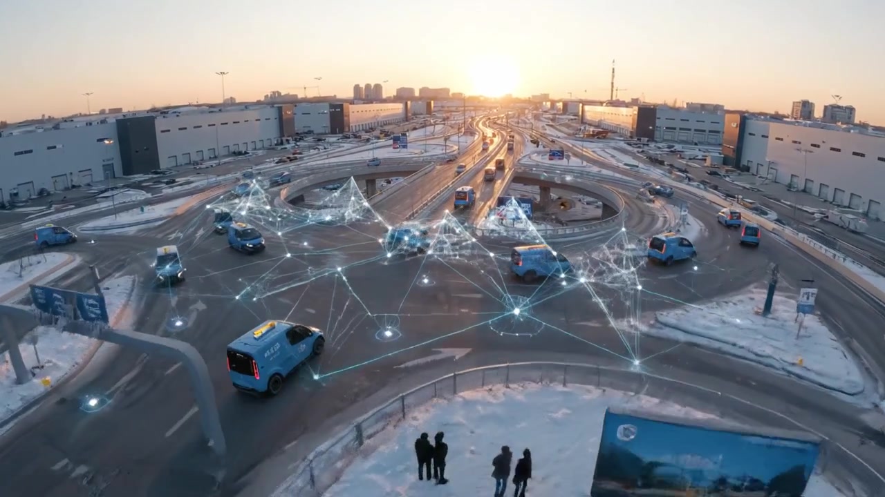 Vista Aerea di Veicoli Autonomi che Navigano un Incrocio Circolare al Tramonto tra un Paesaggio Invernale e Sviluppo Urbano con Funzionalità di Connettività Digitale