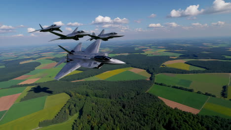 fighter jets flying in formation over lush landscape