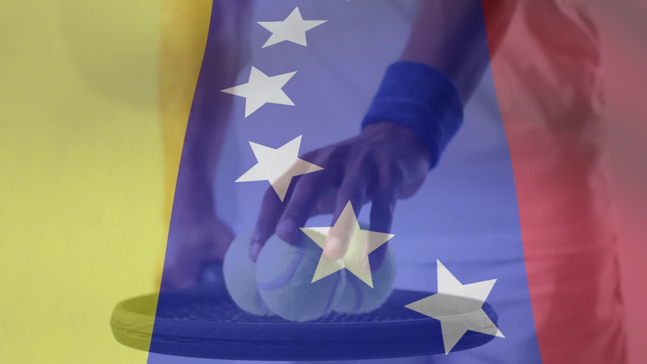 animación de la bandera de venezuela sobre un jugador de tenis afroamericano