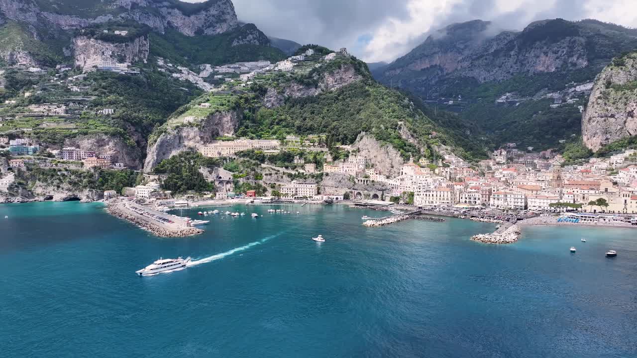 Amalfi Coast At Amalfi In Salerno Italy. Beach Landscape. Tourism Landmark. Amalfi Coast At Salerno Italy. Gulf Of Salerno Skyline. Coastal Cityscape. Amalfi Coast Skyline. Beach Landscape.