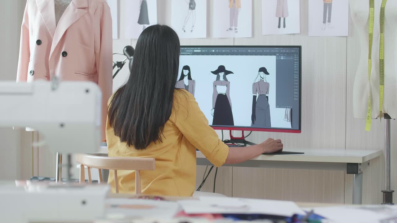 여성 디자이너가 스튜디오의 데스크에서 옷을 디자인하는 뒷면. 옷 제작 절차 개념. 사이버 게임 옷과 디자인.