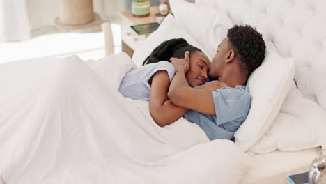 Love,-morning-and-black-couple-relax-in-bed