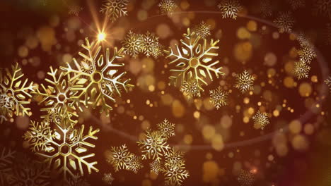 golden snowflakes and bokeh lights animation over brown background