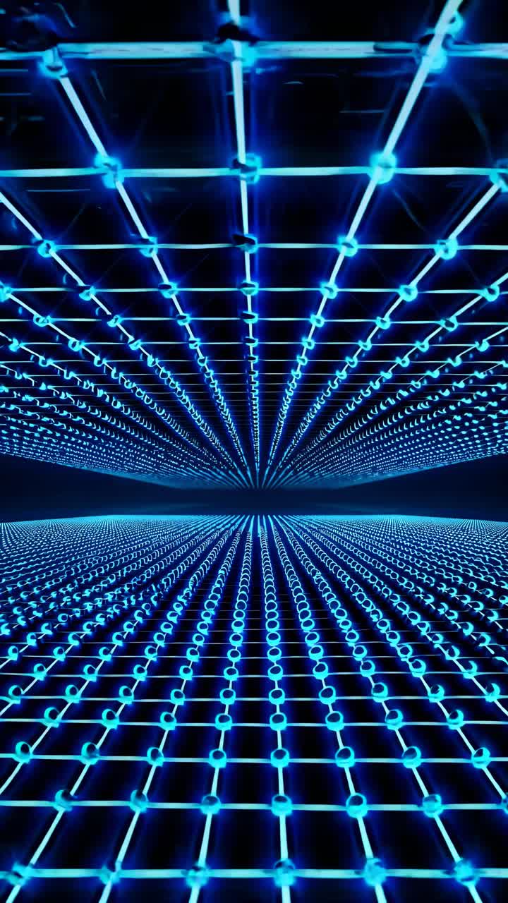 Futuristic video concept with a wormhole effect. Neon blue grid lines create a tunnel illusion