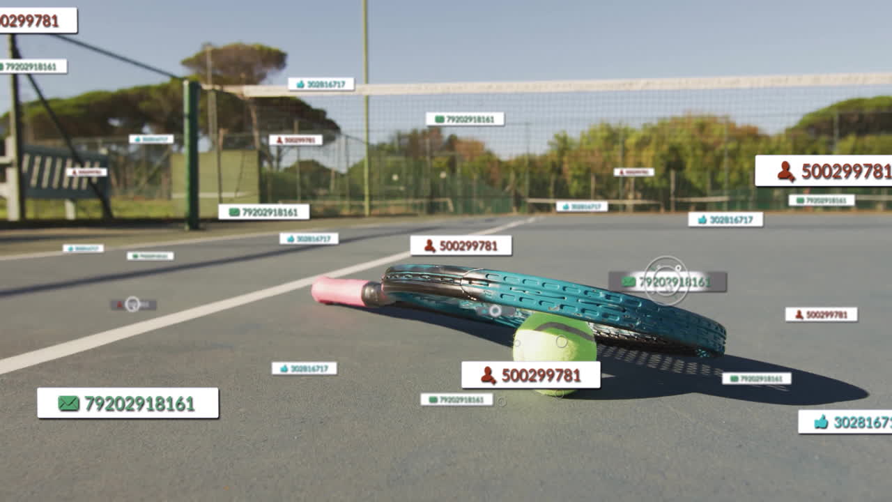 코트에서 테니스 공과 라켓을 통해 증가하는 수의 소셜 미디어 아이콘의 애니메이션