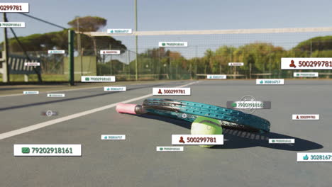 animación de iconos de las redes sociales con números crecientes sobre la pelota de tenis y la raqueta en la cancha