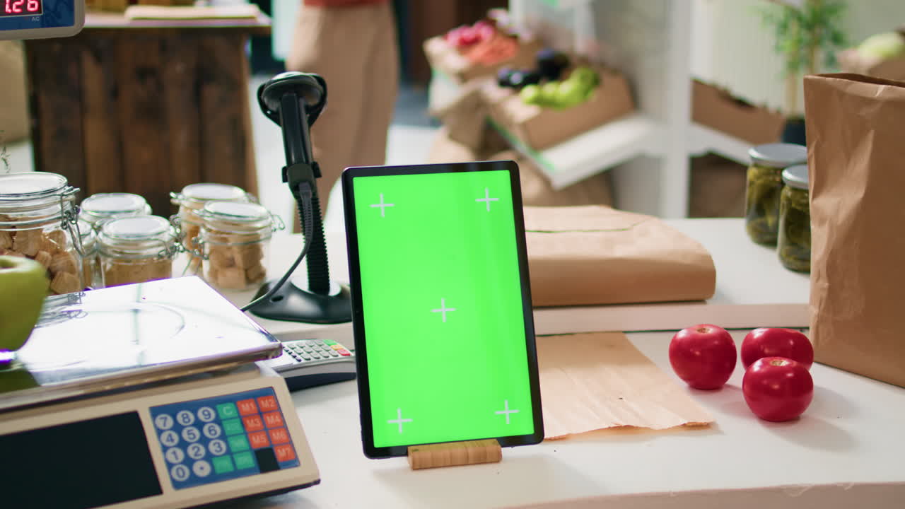 체크아웃 데스크에 있는 태블릿의 그린 스크린