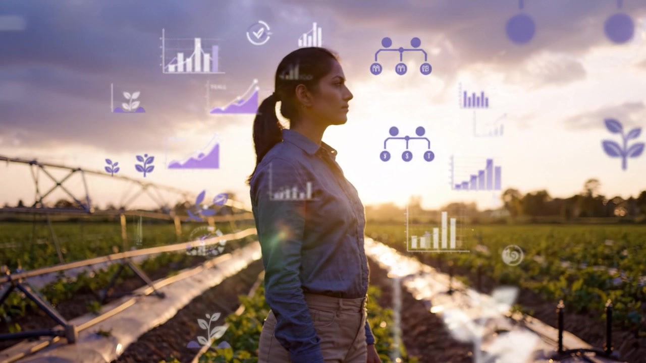 Una donna è in piedi in un lussureggiante campo agricolo al tramonto, circondata da grafici avanzati di visualizzazione dati, evidenziando l'intersezione tra agricoltura e tecnologia.