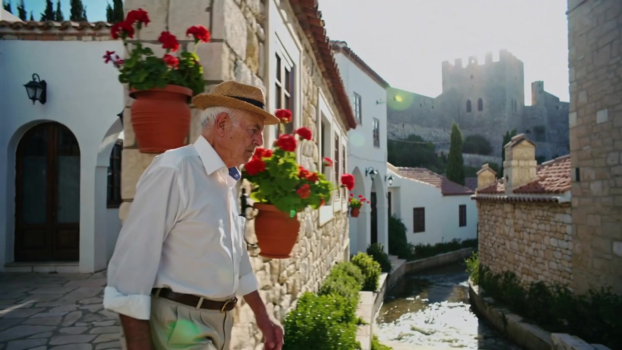 Uomo che cammina con un cappello di paglia e le maniche arrotolate, esplora un vicolo con vasi, il sole che attira lo sguardo verso un castello