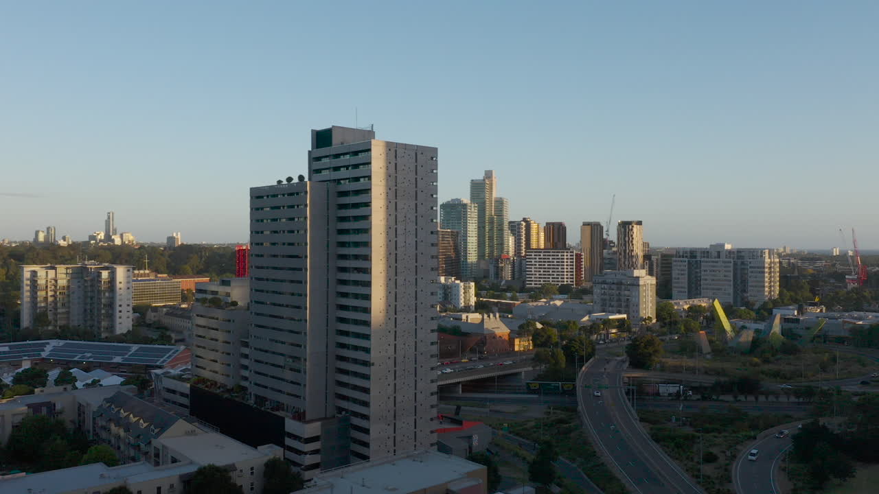Stunning aerial perspective of South Melbourne high rise buildings with many roads and highways intersecting below