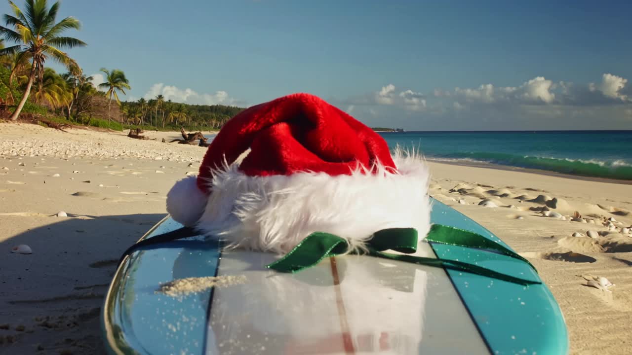 Starting camera capturing surfboard with Santa hat on beach, tilting upward revealing palm trees