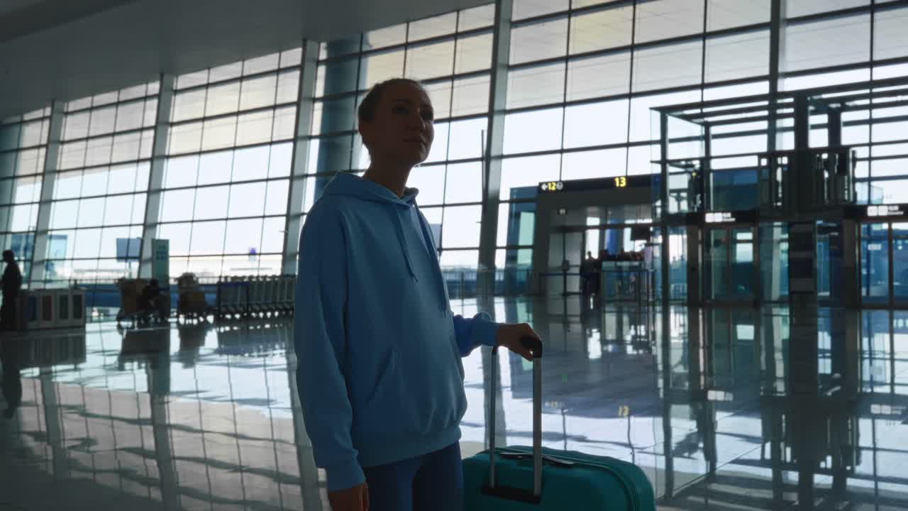 Woman Standing with Suitcase in Modern Airport Terminal
