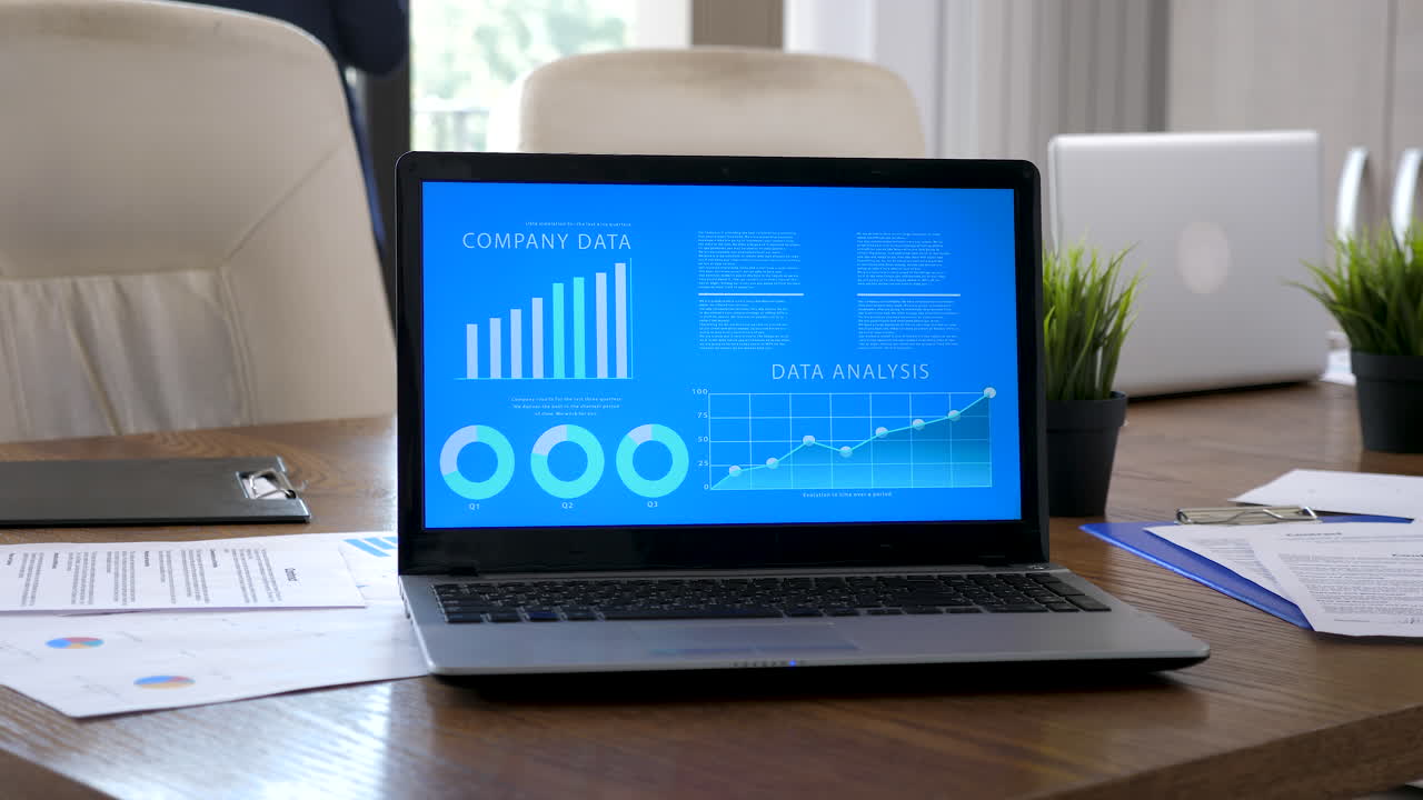 Laptop displaying company data and data analysis