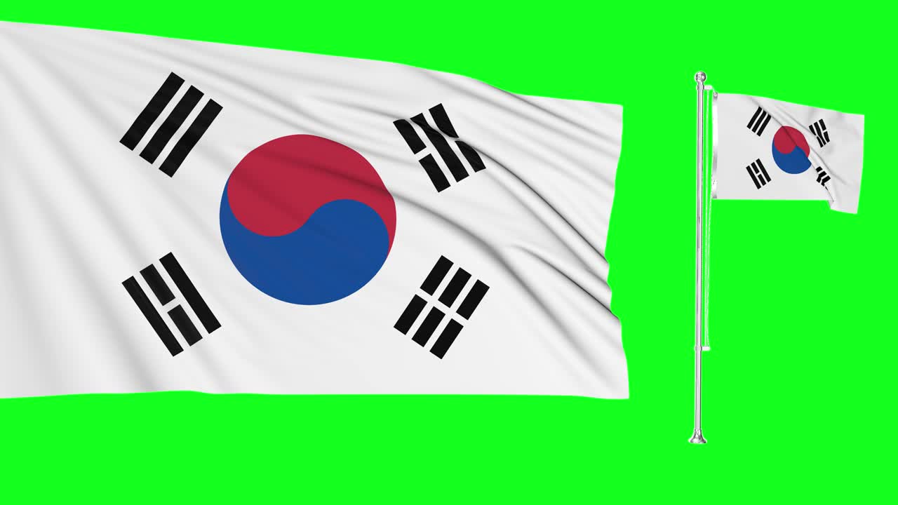 Green screen hiper realistic loop of South Korea two flags waving in the wind korean flagpole fluttering with highly detailed fabric texture animation 4k 3d chroma key