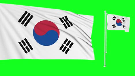 green screen hiper realistic loop of south korea two flags waving in the wind korean flagpole fluttering with highly detailed fabric texture animation 4k 3d chroma key