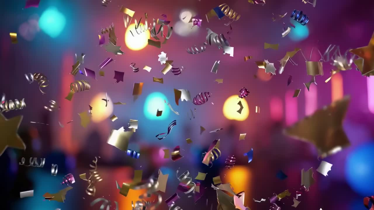 Coriandoli vibranti che cadono al rallentatore, inquadratura ravvicinata, concetto video per una festa colorata