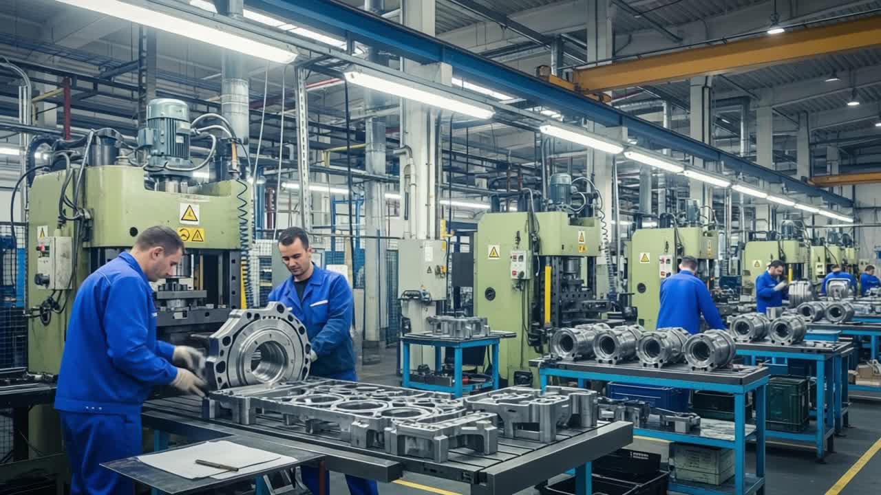 Efficient Manufacturing Process in a Modern Factory: Workers Collaborate with Advanced Machinery to Produce High-Quality Components in a Streamlined Assembly Line Setup