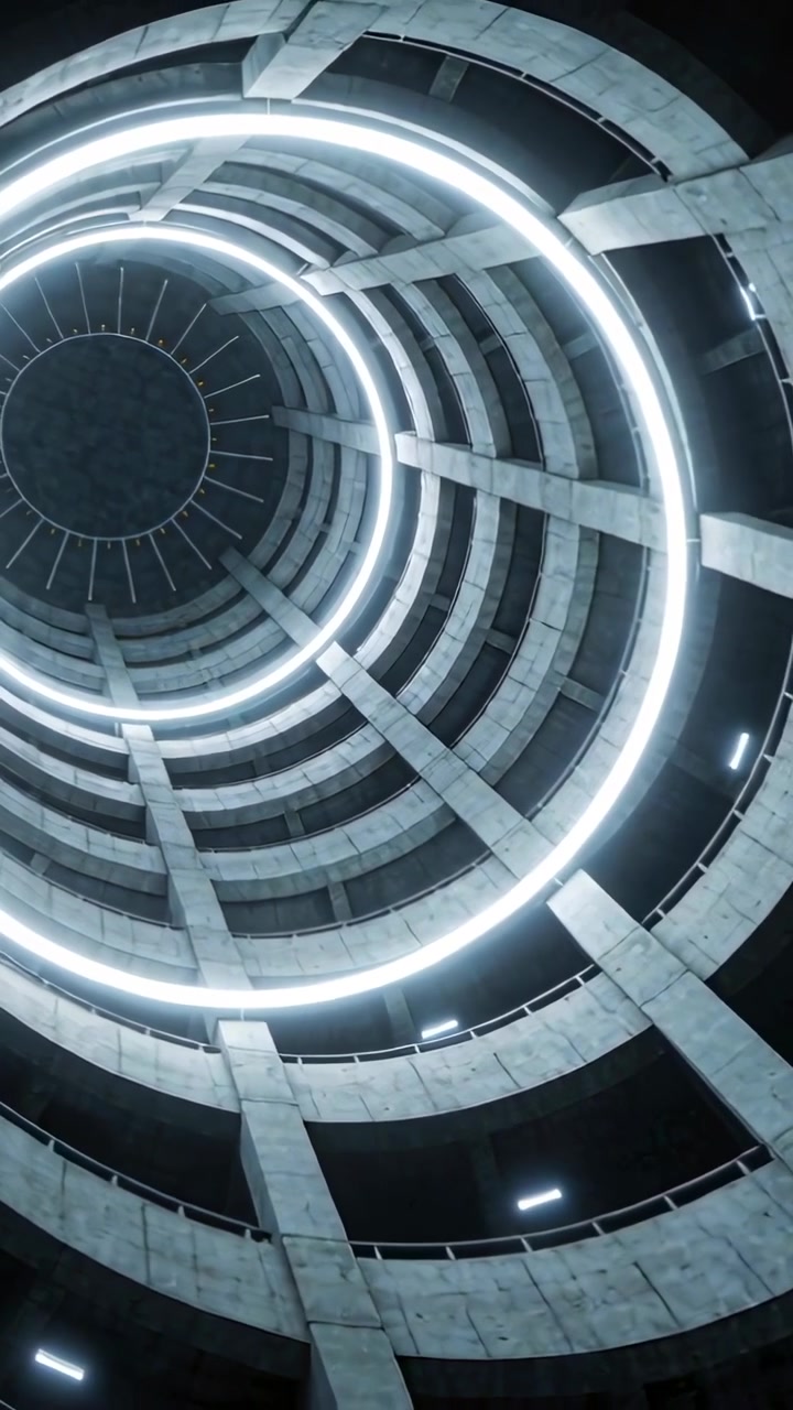 Vertical video: Rotating camera tilting up in concrete shaft, showing LED ring and stacked rings