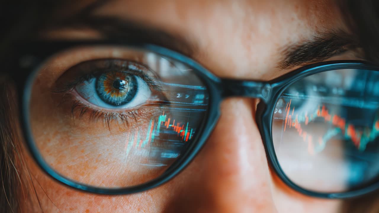 Close-up View of a Person's Eyes with Glasses, Focused on Financial Data Displayed on Screen, Capturing the Essence of Investment, Market Trends, and Analytics