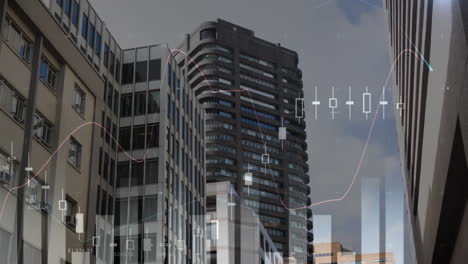 animation of statistical data processing against aerial view of tall buildings