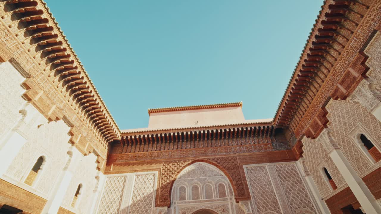 Panoramic view of the Medersa Ben Youssef in Marrakesh, Morocco.View of the Islamic architecture and beautiful mosaics.